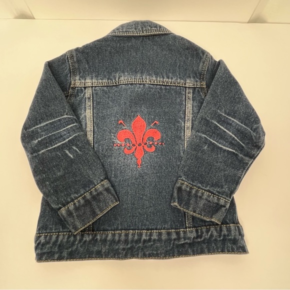 Girls’ Blue Denim Jean Jacket with Embroidered Pink Fleur-de-Lis - Picture 2 of 4